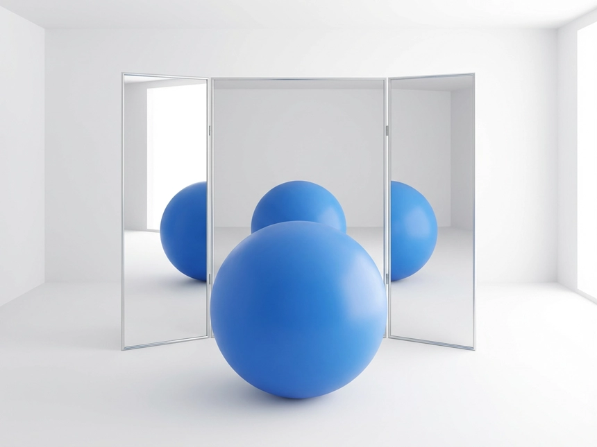 三面鏡に映る青い球体